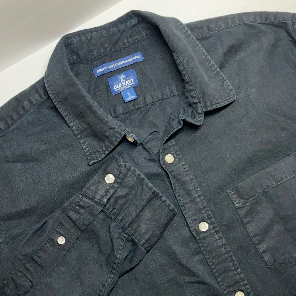 Old Navy Mens Button Up Shirt XL Black Linen Blend Long Sleeve Coastal Preppy